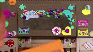 Gif from Kimbra's video for &quot;90s Music&quot;: a child puts a video into a stickered machine and hits play.